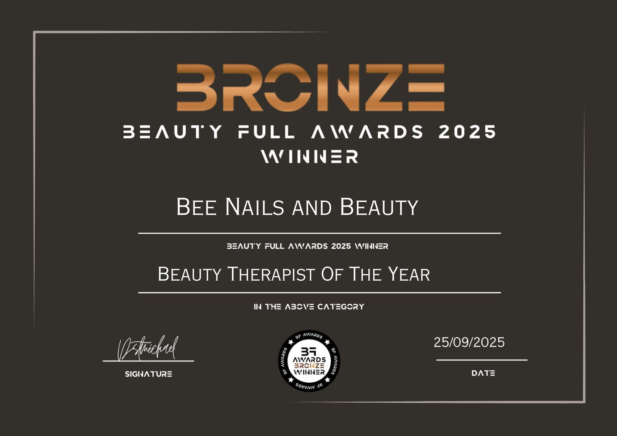 Beauty therapist of the year certificate - Bee Nails and Beauty