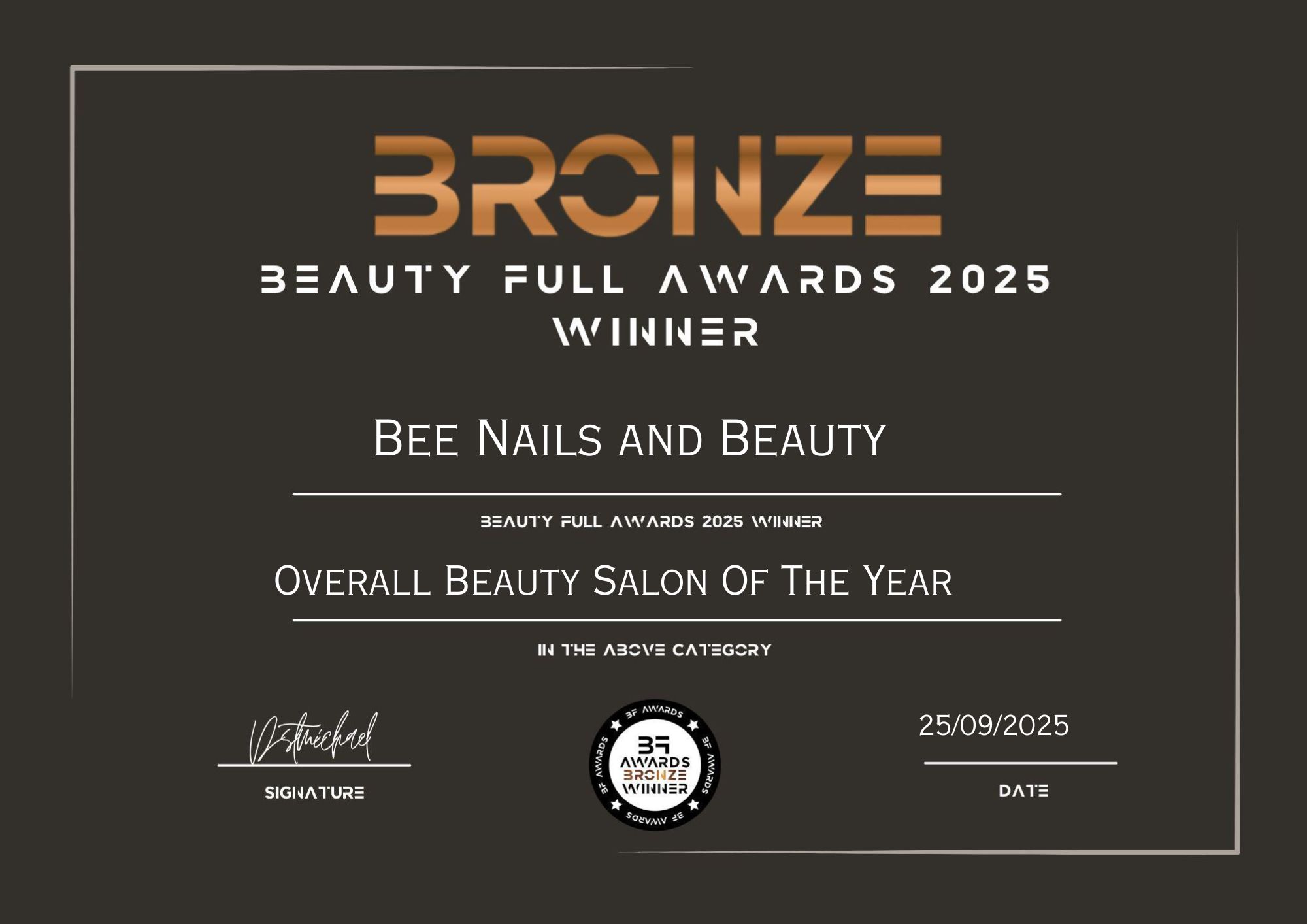 beauty salon of the year certificate - Bee Nails and Beauty
