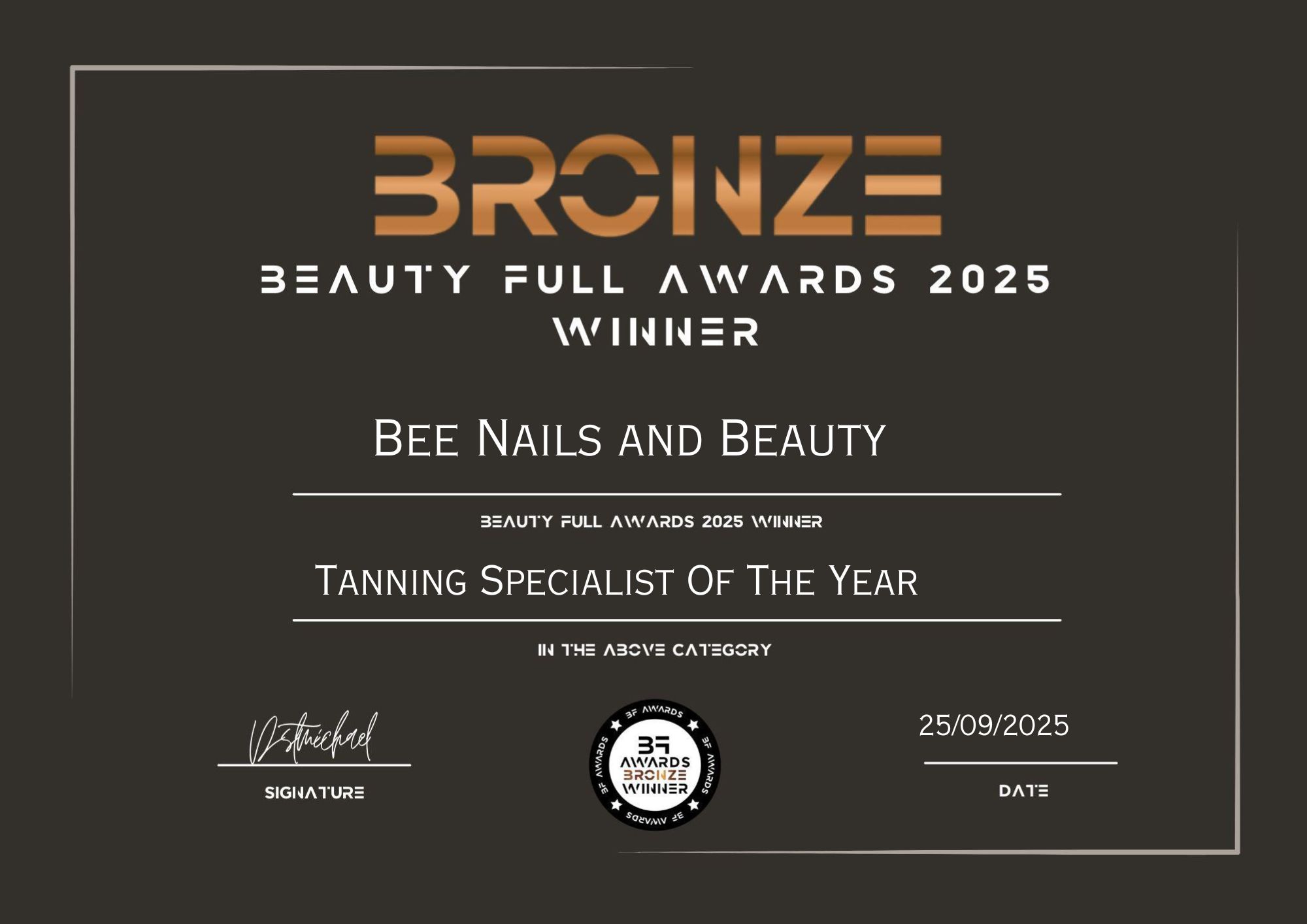 tanning specialist of the year - certificate - Bee Nails and Beauty